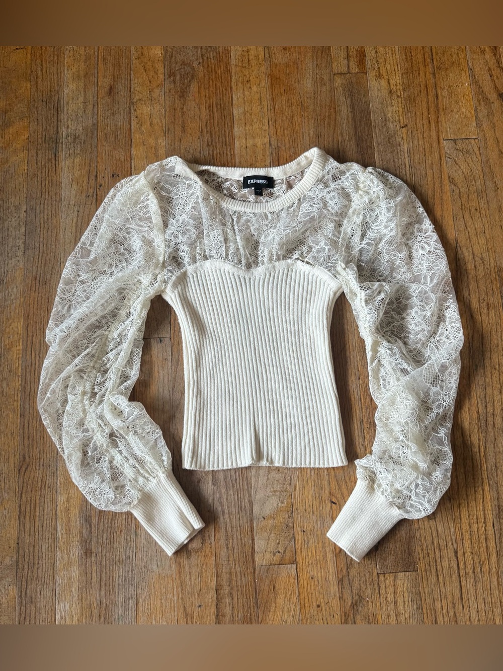Express Cream Lace Puff-Sleeve Ribbed Top